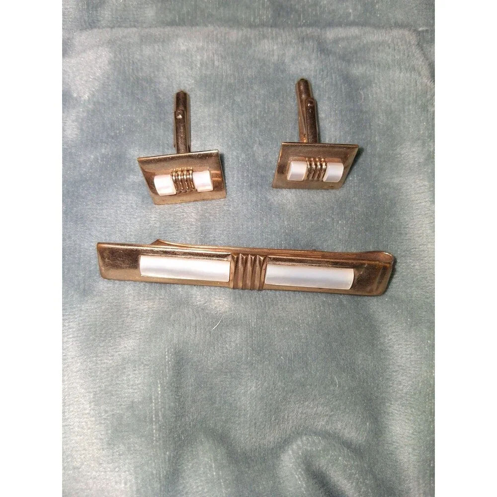 Vintage Gold Tone Mother of Pearl Cufflink and Tie Clip‎ Set Mens Formal Jewelry